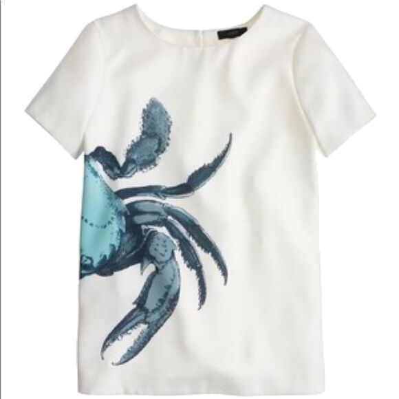 🧡 J.Crew Blue Crab Fancy Short Sleeve Top Fits Size Small EUC Crab Blouse - Picture 1 of 8